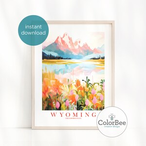 Wyoming Retro Travel Poster Cowboy State Pink Orange Print Grand Tetons National Park Painting Mountains Wall Art, Instant Download image 2