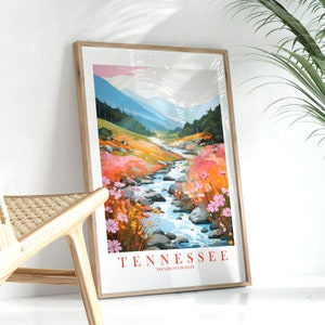 Tennessee Travel Poster Volunteer State Print, Retro Pink Orange Teal Painting River Stream Landscape, Digital Download