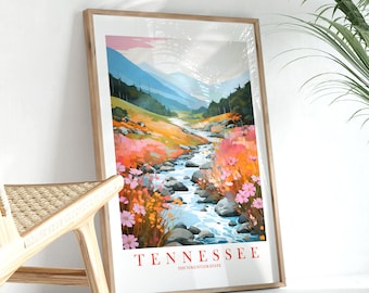 Tennessee Travel Poster Volunteer State Print, Retro Pink Orange Teal Painting River Stream Landscape, Digital Download