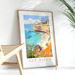 San Diego Travel Poster, Pacific Ocean La Jolla Southern California Retro Pink Teal Poster Watercolor, Printable Wall Art