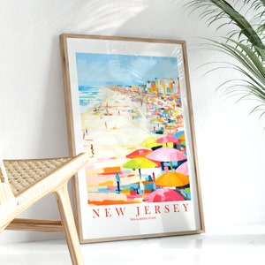 Cartel de viaje de Nueva Jersey, Jersey Beach Wall Art Print Garden State Retro Pink Orange Teal Vacation Painting, Descarga instantánea