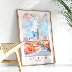 Raleigh Travel Poster North Carolina Wall Art Student Dorm City Skyline Print Pink Blue Green Picture, Instant Printable