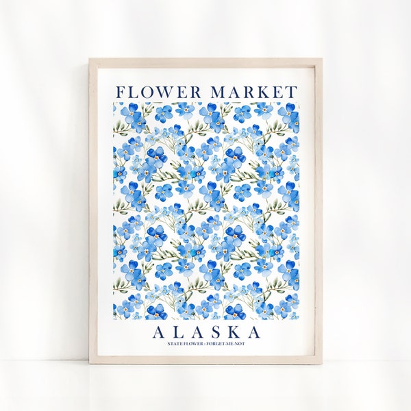 Alaska Flower Market Print Blue Floral Botanical Wall Art AK State Souvenir Watercolor Baby Blue Navy Poster INSTANT DOWNLOAD