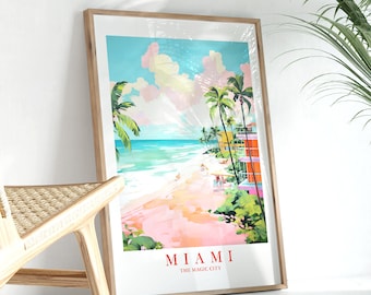 Miami Travel Poster Florida Print Retro Pink Orange Teal Beach Painting Magic City Landscape Dorm Kitchen Bedroom Instant Download