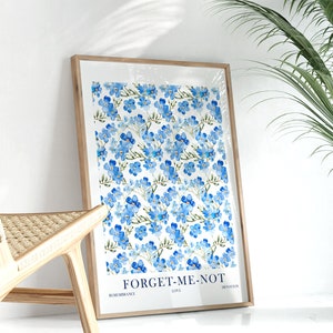 Impressão "Não me esqueças" Arte de parede botânica floral azul com significado de flores em aquarela Cartaz de mercado de flores Download instantâneo