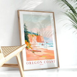Oregon Coast Poster Pink Orange Scenic Print Travel Painting State Ocean Coastal Mountains Wall Art Scenery Landscape, PRINTABLE DOWNLOAD