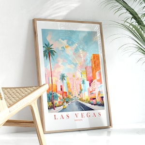 Las Vegas Travel Poster Nevada Print, Retro Pink Orange Teal Painting City LV Blvd Wall Art, Instant Download