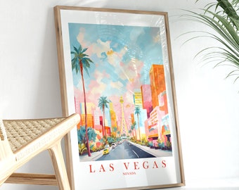 Las Vegas Travel Poster Nevada Print, Retro Pink Orange Teal Painting City LV Blvd Wall Art, Instant Download