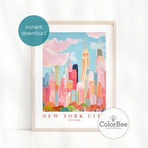 May include: A colorful illustration of the New York City skyline with the Empire State Building in the center. The buildings are painted in shades of pink, orange, yellow, and blue. The sky is a light blue with fluffy white clouds. The text "NEW YORK CITY" is printed below the image.