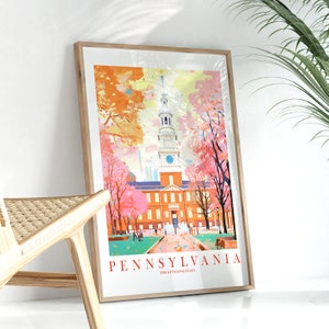 Pennsylvania Retro Print Keystone State Poster Independence Hall Philadelphia Pink Orange Teal RV Travel Trailer Decor, DESCARGA DIGITAL