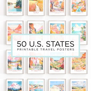 Peut inclure: Une collection d'impressions encadrées à l'aquarelle représentant des paysages de divers États américains. Les impressions présentent des scènes du Minnesota, de l'Iowa, du Connecticut, du Missouri, du Colorado, de l'Alabama, du Texas et de l'Arizona. Le texte "50 U.S. STATES PRINTABLE TRAVEL POSTERS" est affiché.