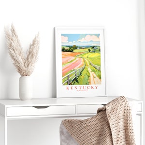 Kentucky Travel Poster, Bluegrass State Pink Green Retro Print Landscape Painting Horses Scenery, Instant Download image 6