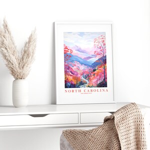 North Carolina Travel Poster Tarheel State Print Retro Pink Orange Blue Ridge Mountains Landscape Painting Dorm Bedroom Instant Download image 5