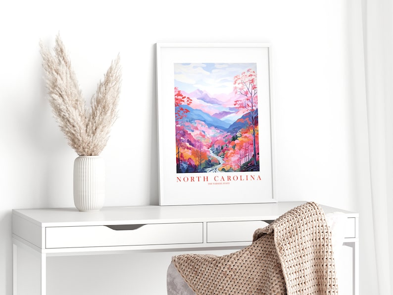 North Carolina Travel Poster Tarheel State Print Retro Pink Orange Blue Ridge Mountains Landscape Painting Dorm Bedroom Instant Download image 5