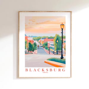 Blacksburg Virginia Travel Poster, Downtown Street View Wall Art Pink Orange Green Landscape Painting, Instant Download Digital Print