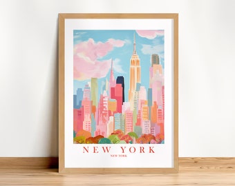 New York Travel Poster Manhattan Wall Art NYNY Print Skyline Retro Pink Orange Teal Painting, Instant Download
