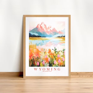 Wyoming Retro Reise Poster Cowboy Zustand rosa Orange Druck Grand Teton National Park Malerei Berge Wandkunst, Instant Download