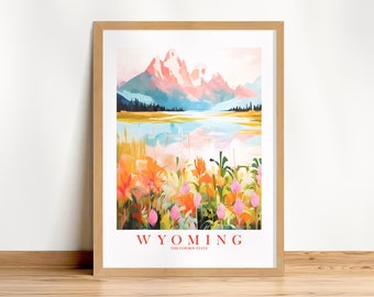 Wyoming Retro Travel Poster Cowboy State Pink Orange Print Grand Tetons National Park Painting Mountains Wall Art, Instant Download