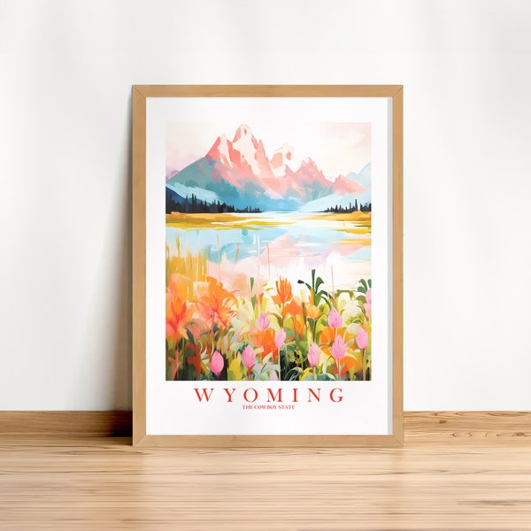 Wyoming Retro Travel Poster Cowboy State Pink Orange Print Grand Tetons National Park Painting Mountains Wall Art, Instant Download