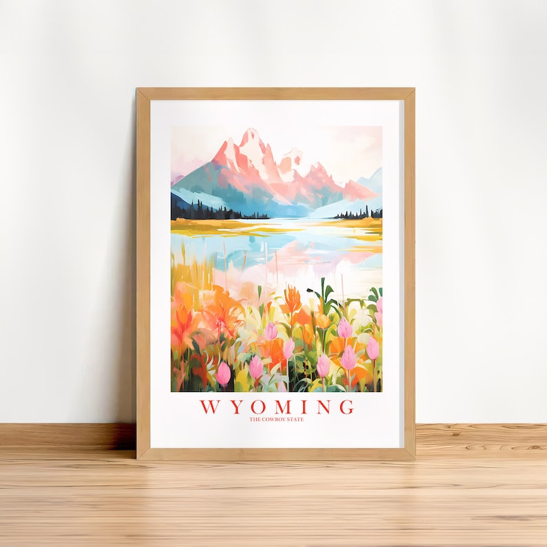 Wyoming Retro Travel Poster Cowboy State Pink Orange Print Grand Tetons National Park Painting Mountains Wall Art, Instant Download image 1