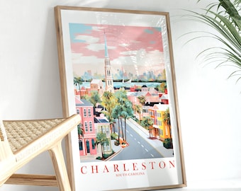 Charleston SC Travel Poster City Wall Art Print South Carolina retro roze oranje groenblauw vakantie schilderij, instant download