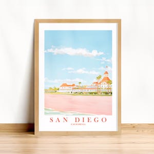 San Diego Coronado California Print, Pink Orange Print for Dorm Bedroom Travel Printable Retro Beach Coastal Hotel, Instant Printable