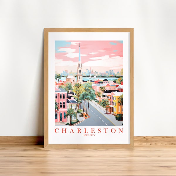 Charleston SC Travel Poster Holy City Wall Art South Carolina Print Retro Pink Orange Teal Landscape Painting, Instant Download