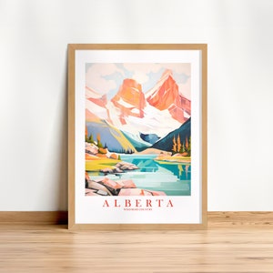 Alberta Travel Poster Mountains Wall Art Print Banff Jasper Canada Province Pink Orange Teal Scenery Painting, Instant Download