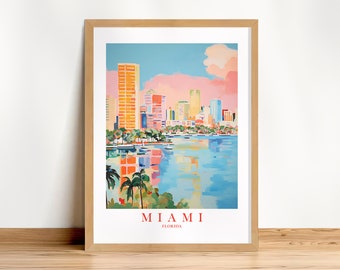 Miami City Skyline Travel Poster, Florida Print Retro Pink Orange Teal Painting, Landscape Wall Art Dorm Kitchen Bedroom, Digital Download