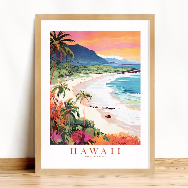 Hawaii Travel Poster, Aloha State Print Retro Pink Orange Teal Painting Beach Landscape, Instant Download