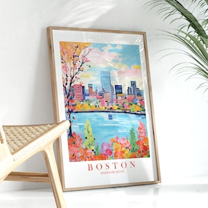 Boston Travel Poster Massachusetts Roze Oranje Retro Print Koloniaal landschap landschapsschilderkunst, direct afdrukbaar