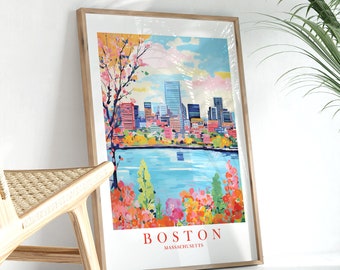 Boston Travel Poster Massachusetts Pink Orange Retro Print Colonial Scenery Landscape Painting, Instant Printable