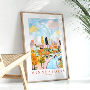 Poster di Minneapolis City Skyline Immagine Minnesota Stampa Retro Viaggio Rosa Arancione Verde Acqua Dipinto Paesaggio, Arte murale stampabile