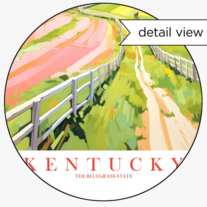 Kentucky Travel Poster, Bluegrass State Pink Green Retro Print Landscape Painting Horses Scenery, Instant Download image 3