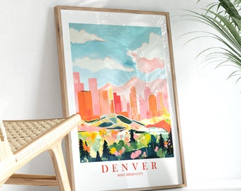 Denver Travel Poster Colorado Wall Art Mile High City Print Skyline Retro Pink Orange Teal Painting, Printable Download