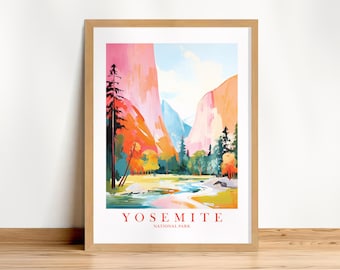 Yosemite Poster National Park California Wall Art Landscape Painting Travel Poster CA Retro Pink Orange Teal Picture, Instant Download