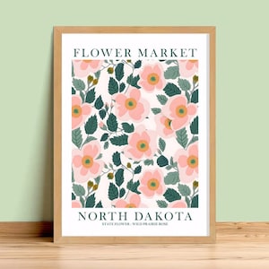 North Dakota Wild Prairie Rose State Flower Print Pink Green ND Floral Botanical Wall Art Flower Market Poster INSTANT DOWNLOAD