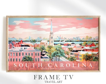 South Carolina Frame TV Art Samsung, Pink Watercolor Decor Charleston SC Retro Travel Poster Aesthetic, Instant Digital Download