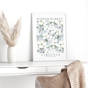 Virginia State Flower Dogwood Print Ivory Green Blue Floral Wildflower Wall Art VA Flower Market Poster Instant Download image 5