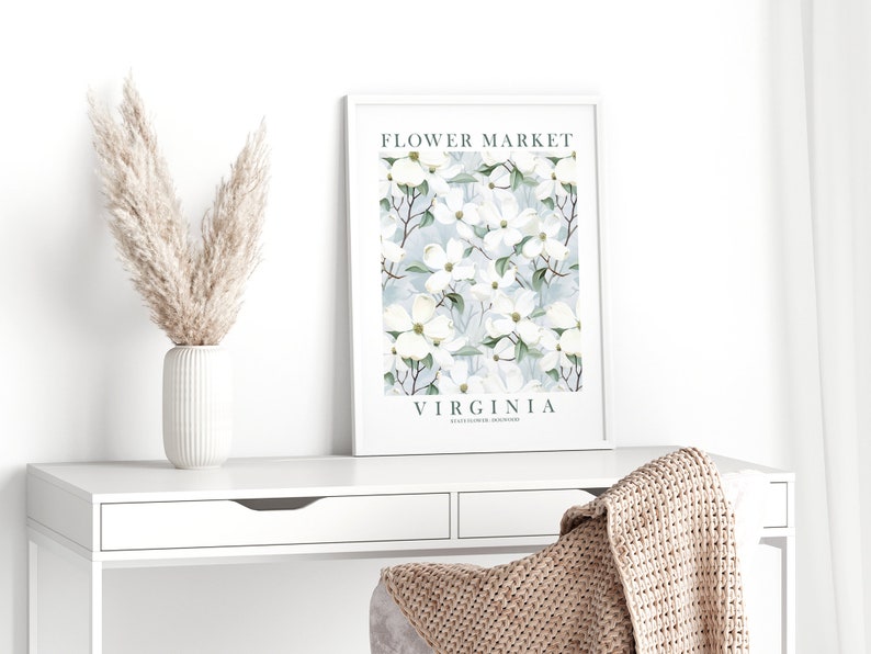 Virginia State Flower Dogwood Print Ivory Green Blue Floral Wildflower Wall Art VA Flower Market Poster Instant Download image 5