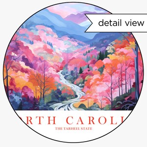 North Carolina Travel Poster Tarheel State Print Retro Pink Orange Blue Ridge Mountains Landscape Painting Dorm Bedroom Instant Download image 3
