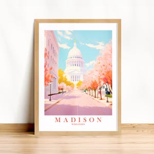 Madison Wisconsin voyage impression State Capitol WI ville cadeau rose sarcelle orange rose art mural paysage rétro affiche, art mural imprimable