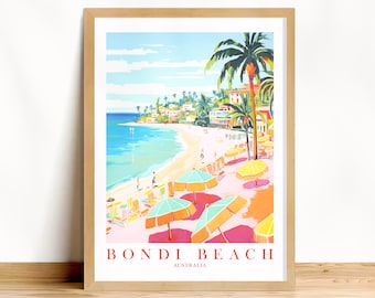 Póster de playa de Bondi, Australia, impresión de viaje, arte mural costero de surf, pintura rosa, naranja y verde azulado, descarga digital imprimible