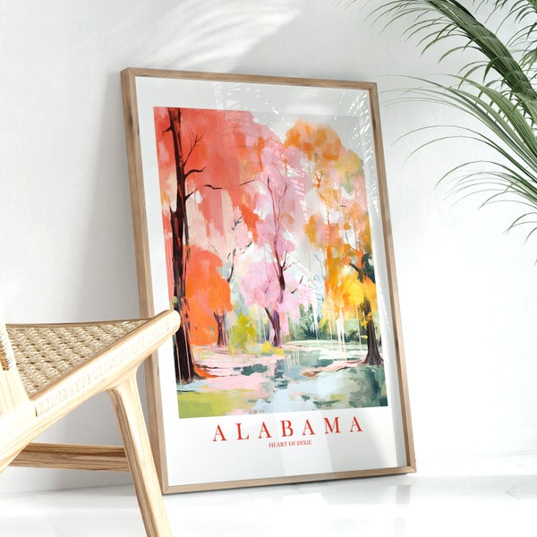 Alabama Travel Poster Heart of Dixie State Print Retro Pink Orange Teal Painting Trees Landscape Dorm Kitchen Bedroom Instant Download