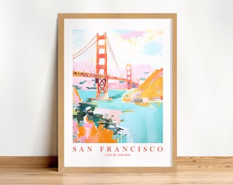 San Francisco Poster Retro Pink Teal Orange Golden Gate Bridge Print Travel City By The Bay, Digital Printable