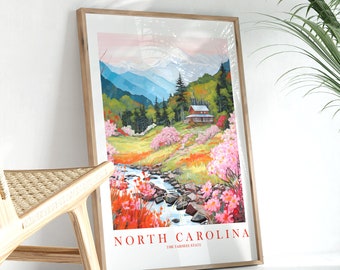 North Carolina Travel Poster Tarheel State Print Retro Pink Orange Teal Painting Wildflower Landscape Dorm Kitchen Bedroom Instant Download