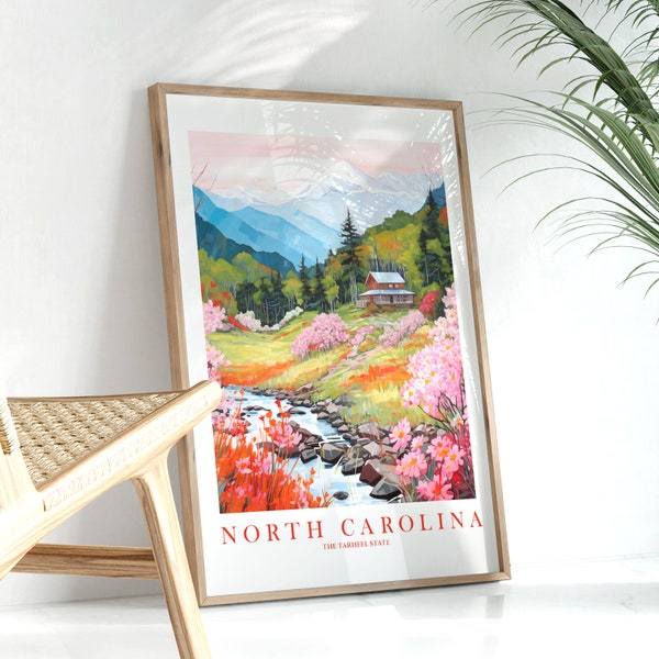 North Carolina Travel Poster Tarheel State Print Retro Pink Orange Teal Painting Wildflower Landscape Dorm Kitchen Bedroom Instant Download