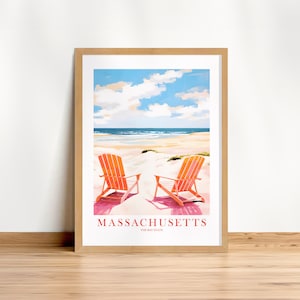 Massachusetts Pink Orange Retro Travel Poster Bay State Print Motto Nickname Painting Cape Cod Scenery Landscape, Instant Download