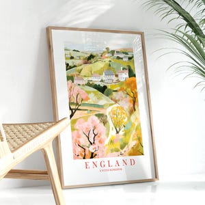 Cartaz de viagem da Inglaterra Reino Unido Decoração para casa Impressão Verde Rosa Azul Imagem Grã-Bretanha Pintura de paisagem retrô, arte de parede para impressão Ilustração de presente