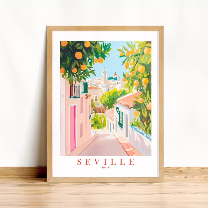 May include: A colorful illustration of a street scene in Seville, Spain. The street is lined with buildings and orange trees. The text "SEVILLE SPAIN" is at the bottom of the image.